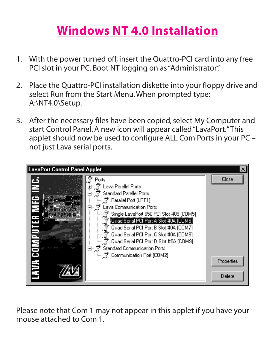 Windows nt 4.0 installation | Lava Computer QUATTRO-PCI User Manual | Page 2 / 8