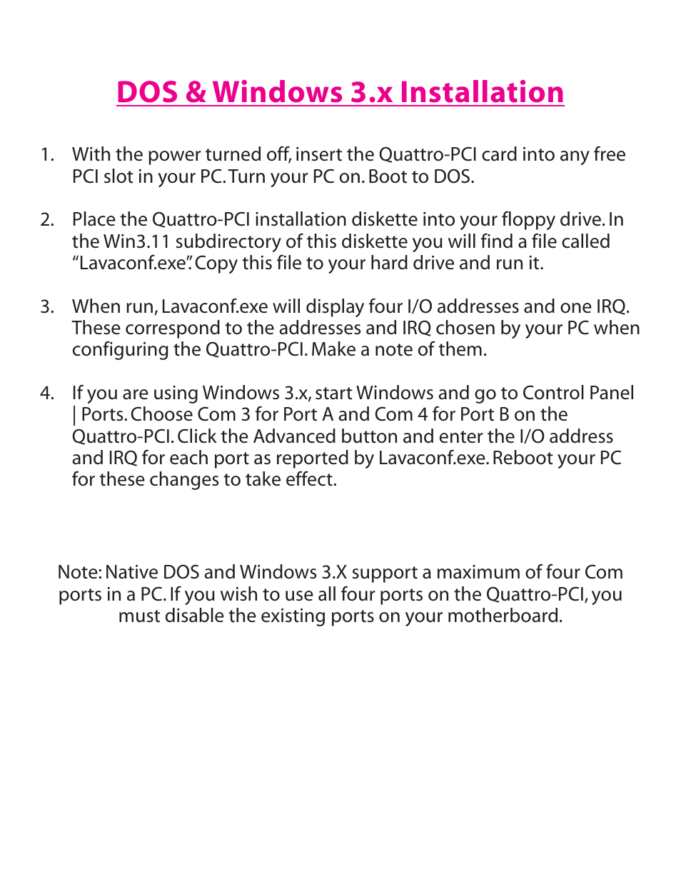 Dos & windows 3.x installation | Lava Computer QUATTRO-PCI User Manual | Page 3 / 8