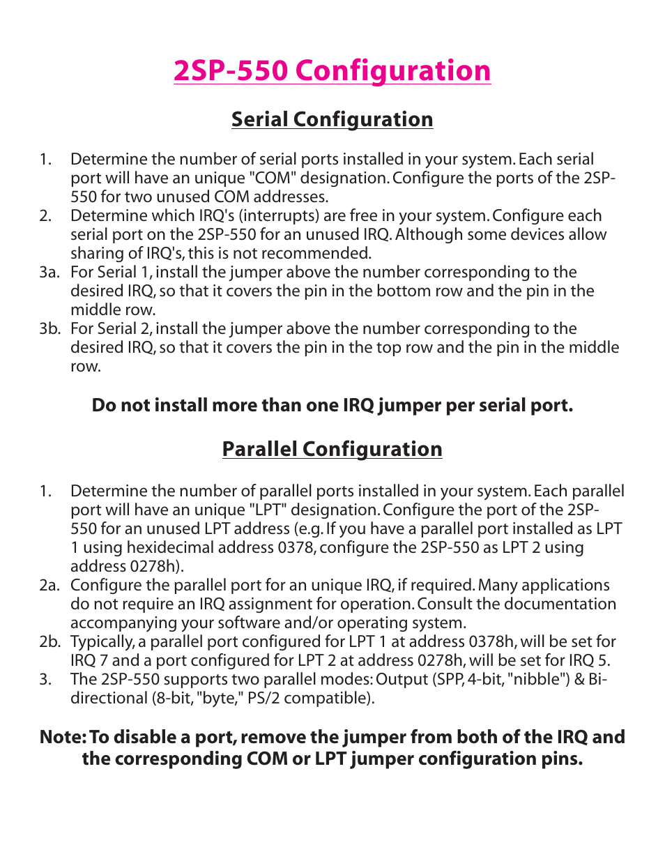 2sp-550 configuration, Serial configuration parallel configuration | Lava Computer Lava 2SP-550 User Manual | Page 3 / 4