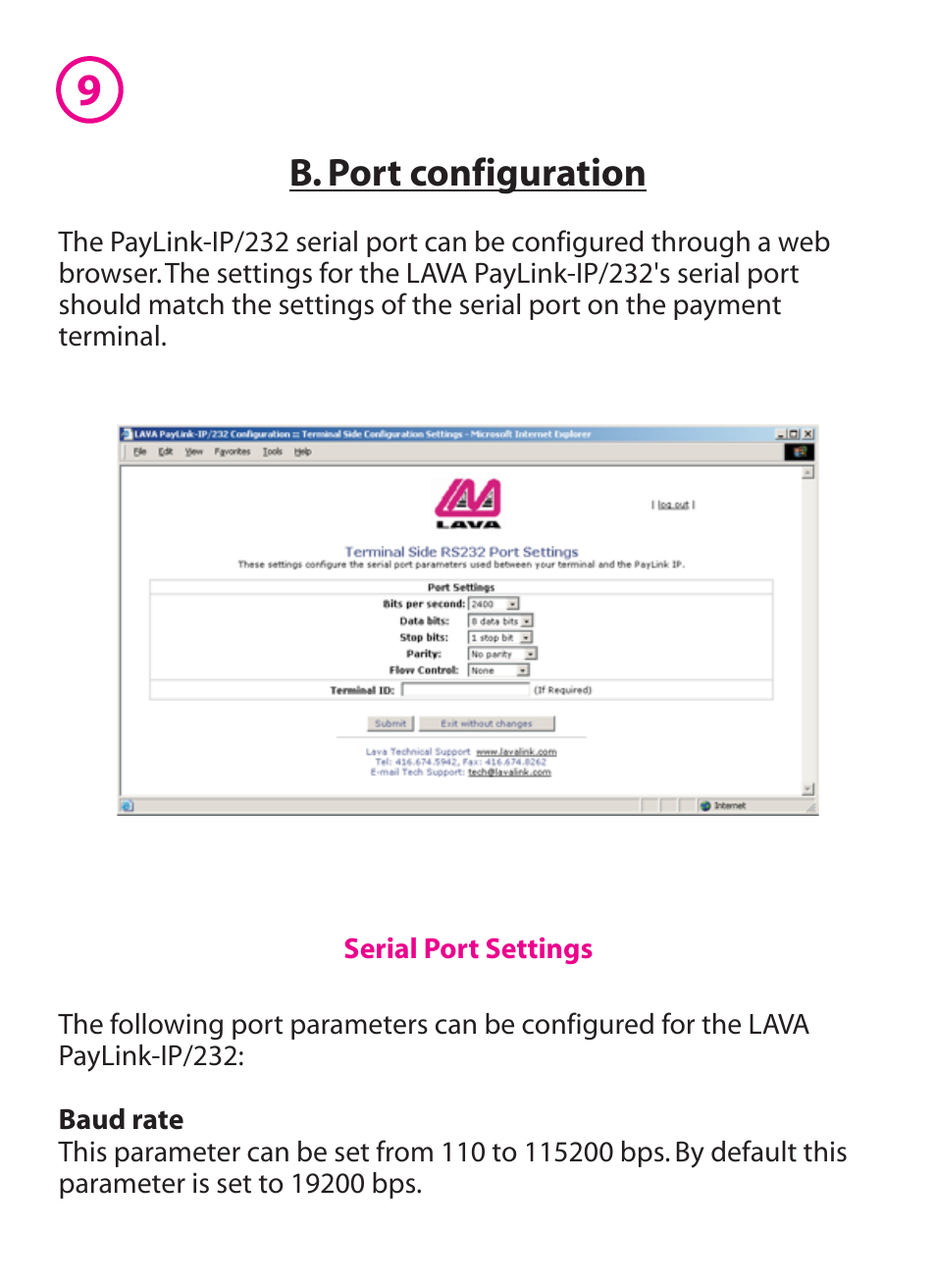 B. port configuration | Lava Computer PAYLINK IP/232 User Manual | Page 10 / 16