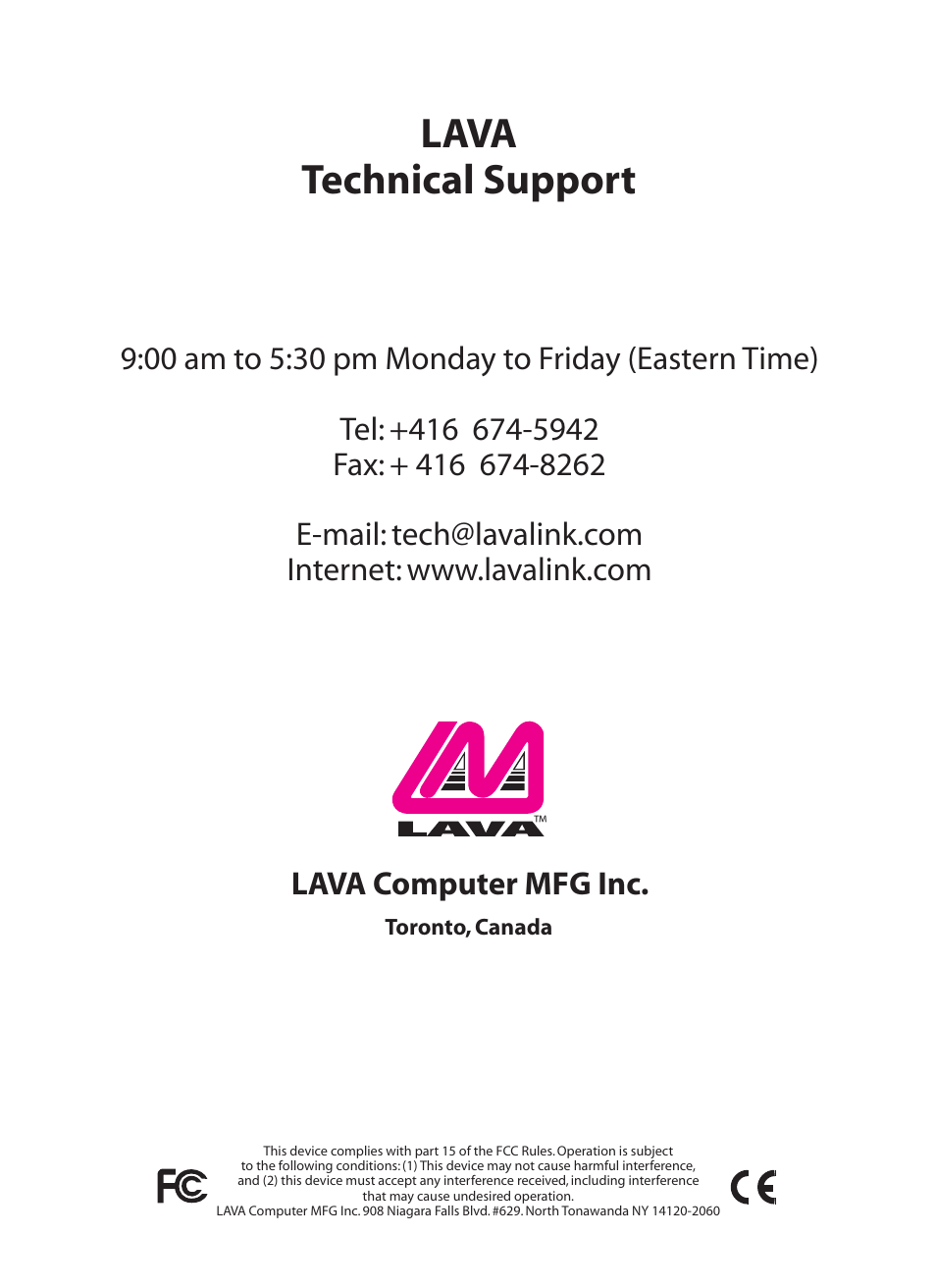 Lava technical support, Lava computer mfg inc | Lava Computer PAYLINK IP/232 User Manual | Page 16 / 16