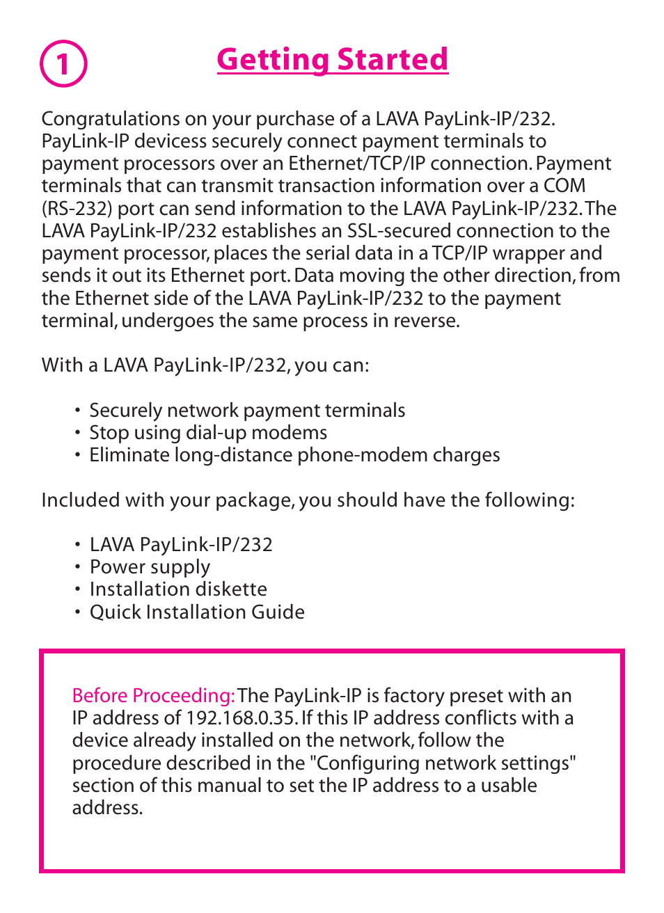 Getting started | Lava Computer PAYLINK IP/232 User Manual | Page 2 / 16