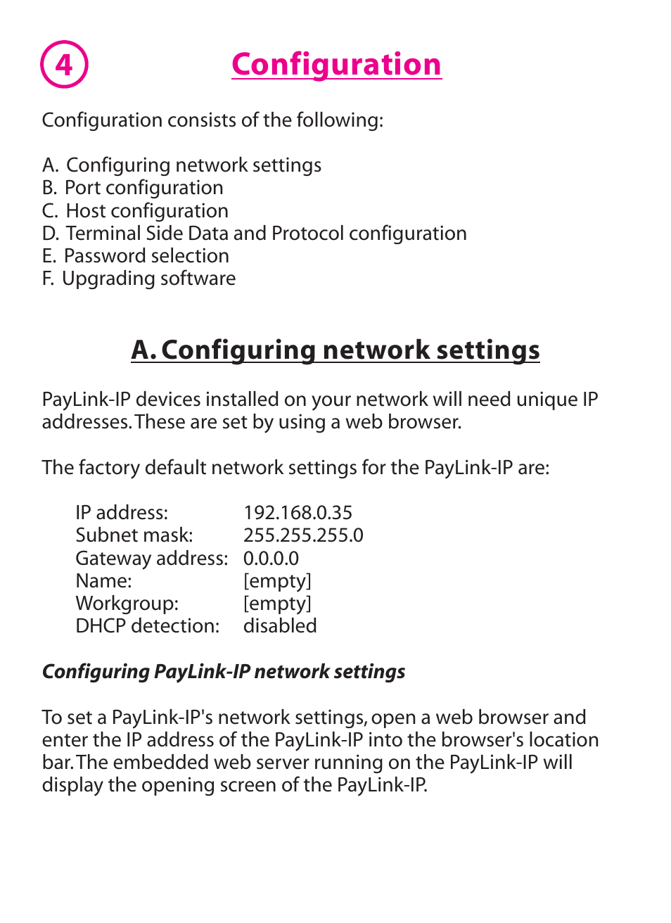 Configuration, A. configuring network settings | Lava Computer PAYLINK IP/232 User Manual | Page 5 / 16