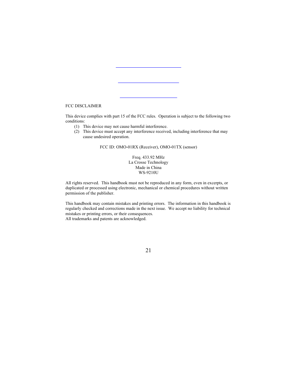 La Crosse Technology WS-9210U User Manual | Page 21 / 21