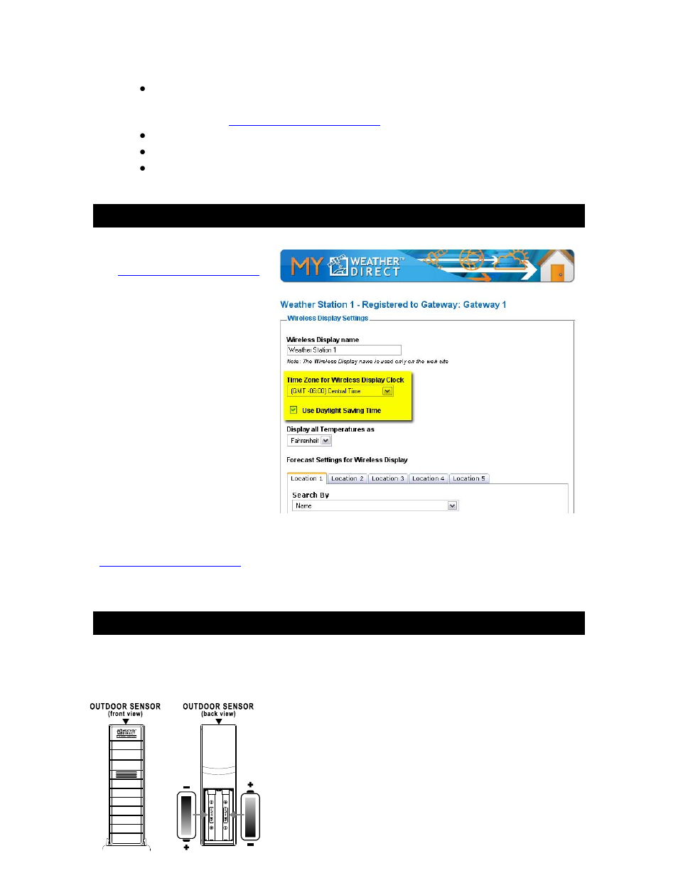 Time setting on wireless display, Wireless outdoor sensor | La Crosse Technology 4 DAY WIRELESS WEATHER FORECASTER WD-3105 User Manual | Page 10 / 25