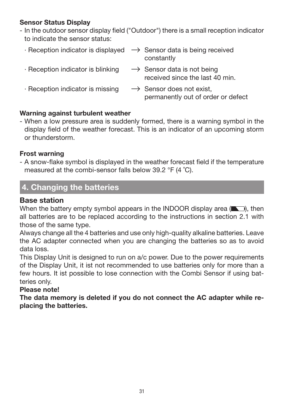 Changing the batteries | La Crosse Technology WS 550 US User Manual | Page 31 / 64