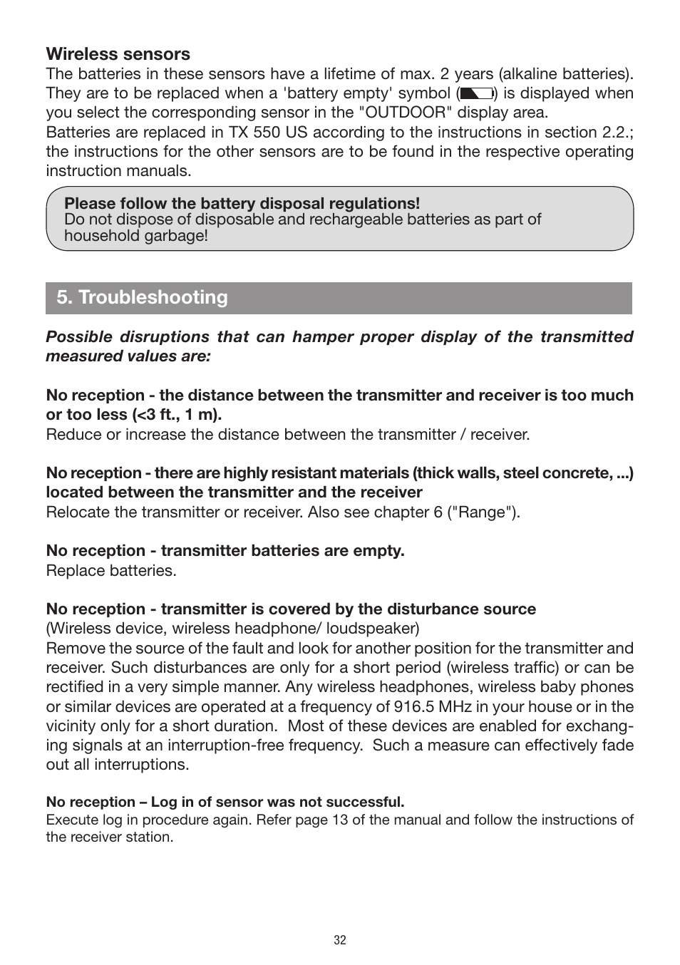 Troubleshooting | La Crosse Technology WS 550 US User Manual | Page 32 / 64