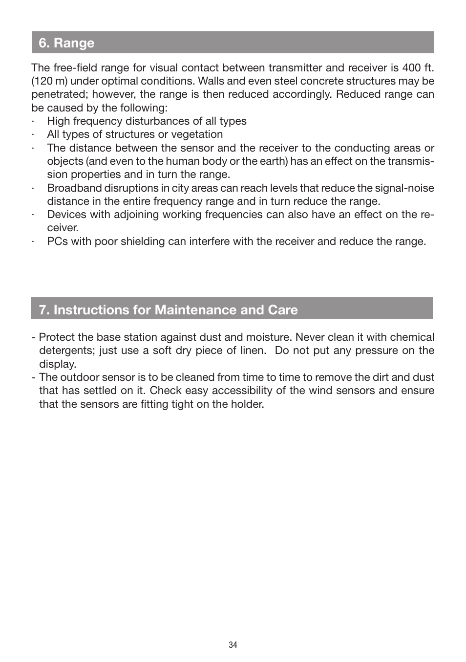 Range, Instructions for maintenance and care | La Crosse Technology WS 550 US User Manual | Page 34 / 64