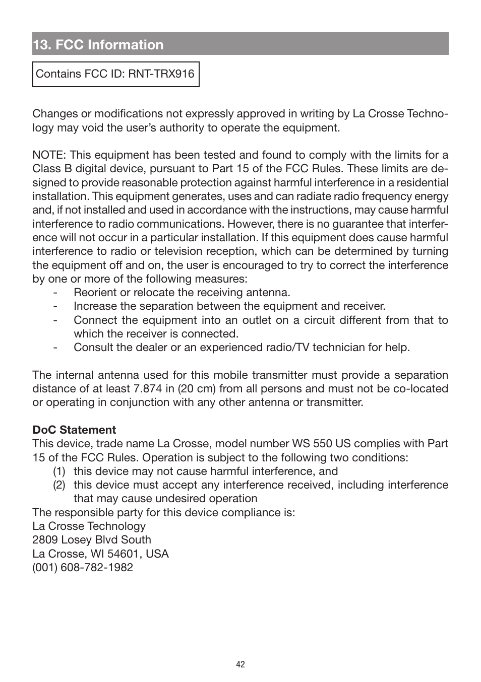 Fcc information | La Crosse Technology WS 550 US User Manual | Page 42 / 64