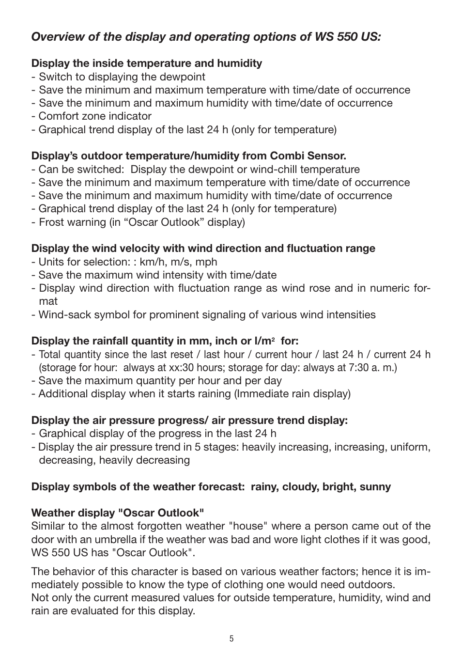 La Crosse Technology WS 550 US User Manual | Page 5 / 64