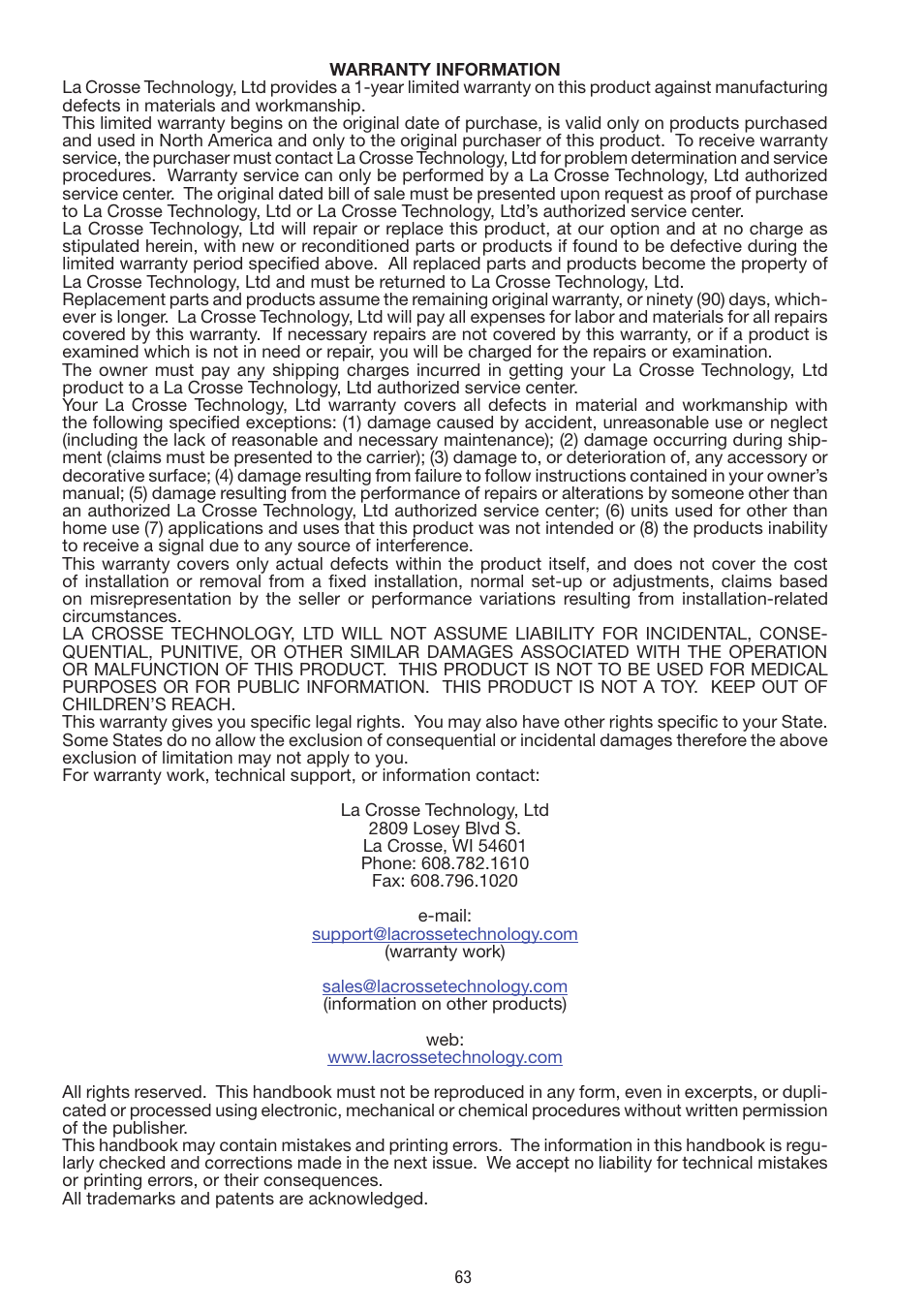 Appendix b: table of time zone difference from utc | La Crosse Technology WS 550 US User Manual | Page 63 / 64