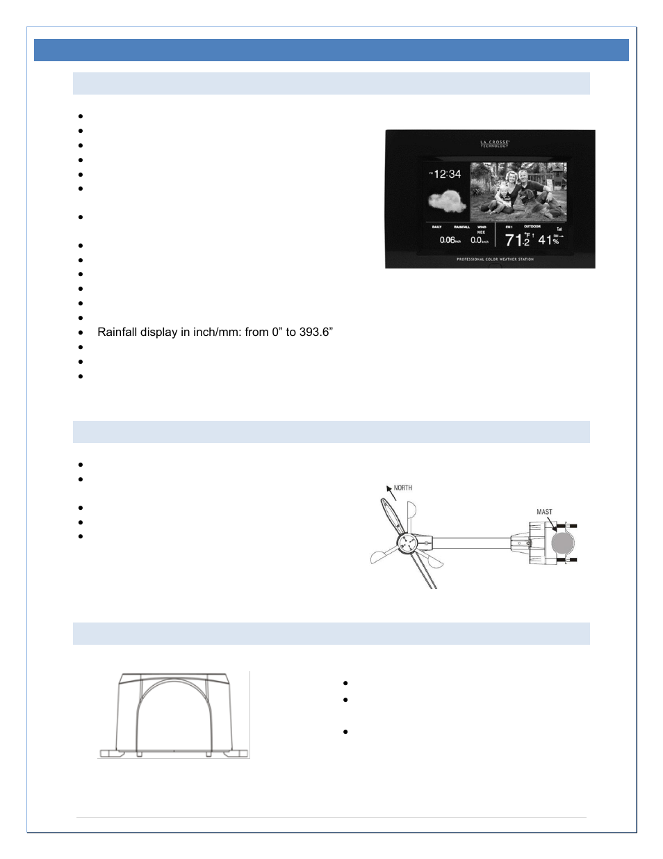 Features, Wireless display, Wind/thermohygro sensor | Rain gauge | La Crosse Technology 308-807 User Manual | Page 5 / 28