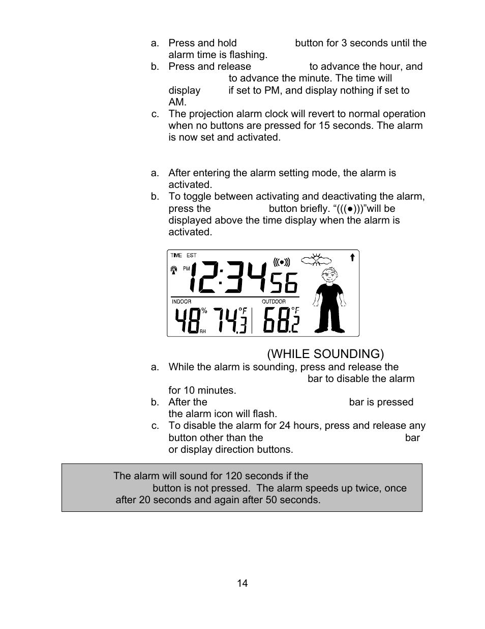 Activating/deactivating the alarm, Turning alarm off (while sounding) | La Crosse Technology WT-5130ER User Manual | Page 14 / 23