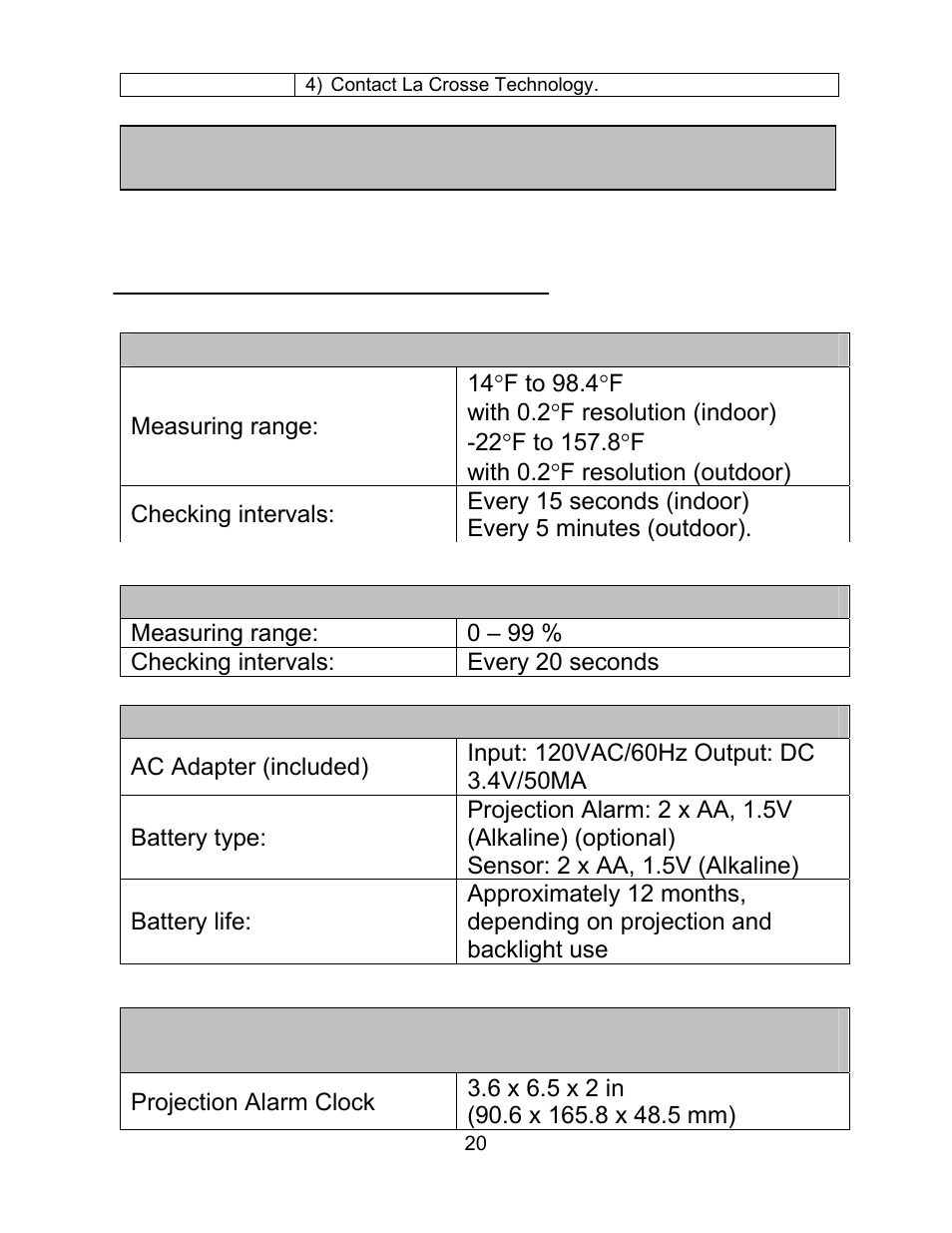 Pecifications for wt-5130er | La Crosse Technology WT-5130ER User Manual | Page 20 / 23