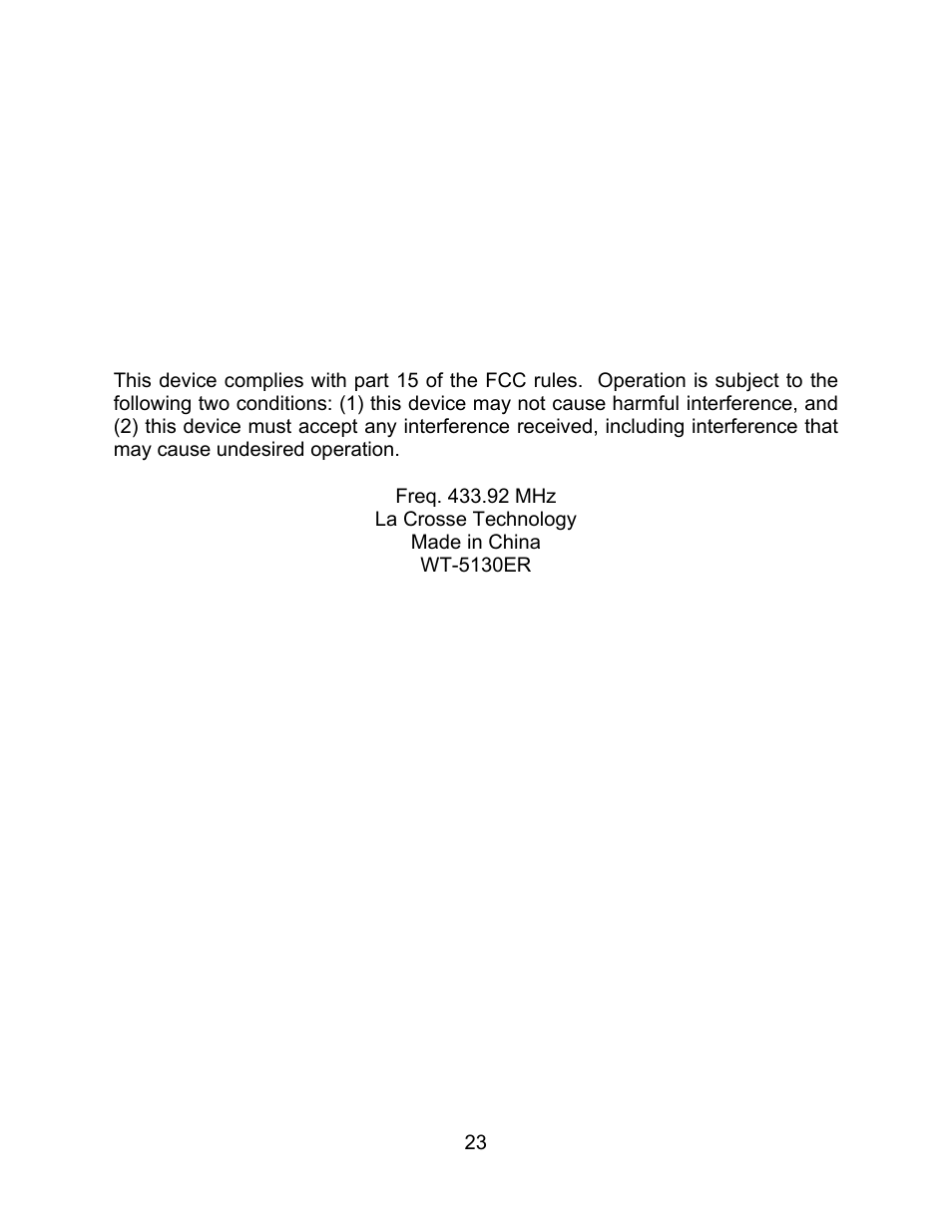 Fcc disclaimer | La Crosse Technology WT-5130ER User Manual | Page 23 / 23