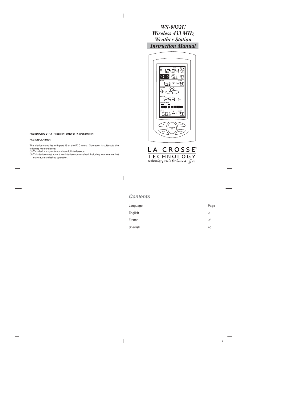 La Crosse Technology Wireless 433 MHz Weather Station WS-9032U User Manual | 9 pages