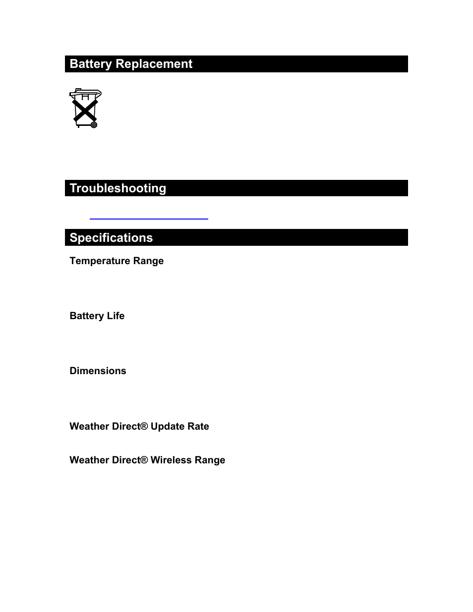 Battery replacement, Troubleshooting, Specifications | La Crosse Technology Weather Direct WD-2512U User Manual | Page 22 / 26