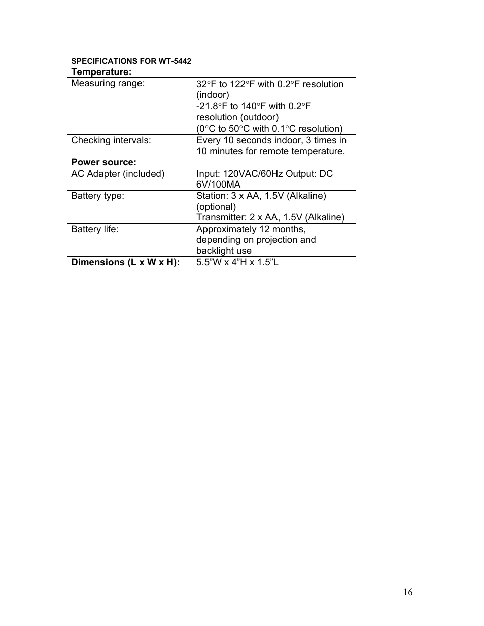 Specifications for wt-5442 | La Crosse Technology WT-5442 User Manual | Page 16 / 17