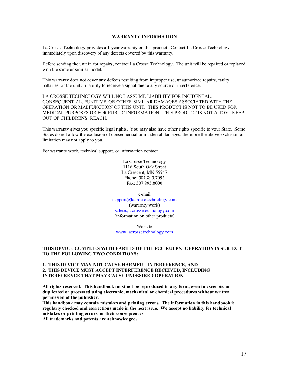 La Crosse Technology WT-5442 User Manual | Page 17 / 17
