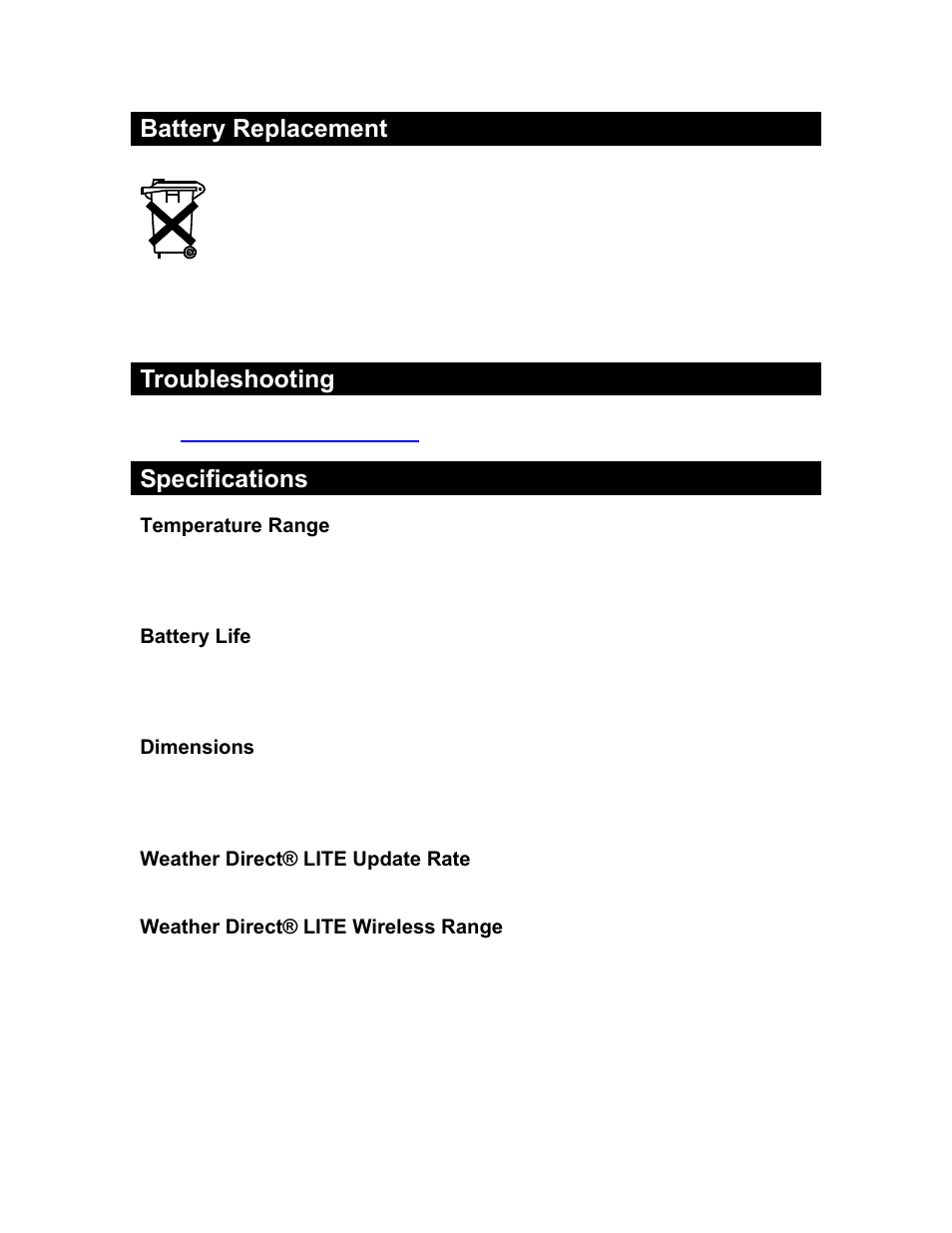 Battery replacement, Troubleshooting, Specifications | La Crosse Technology Weather Direct Lite WD-2512UR-B User Manual | Page 21 / 25