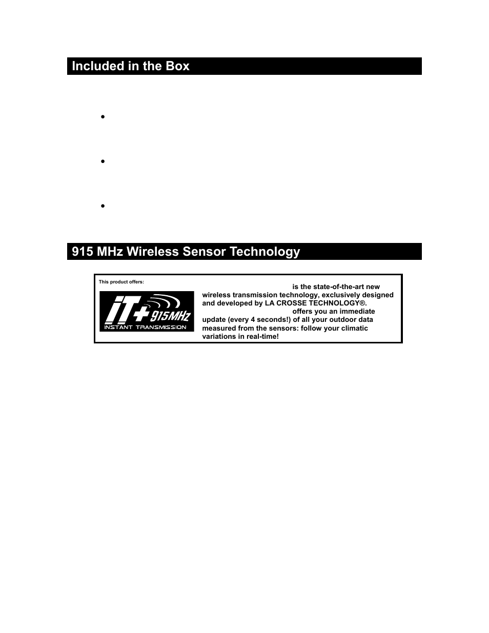 Included in the box, 915 mhz wireless sensor technology | La Crosse Technology Weather Direct Lite WD-2512UR-B User Manual | Page 5 / 25