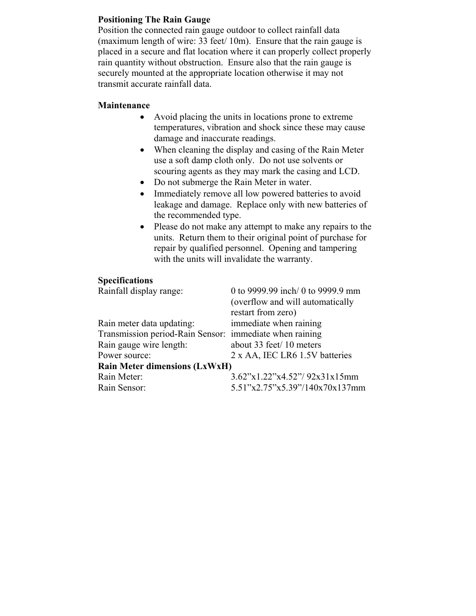 Positioning the rain gauge, Maintenance, Specifications | La Crosse Technology WIRED RAIN METER WS-7048U User Manual | Page 6 / 8