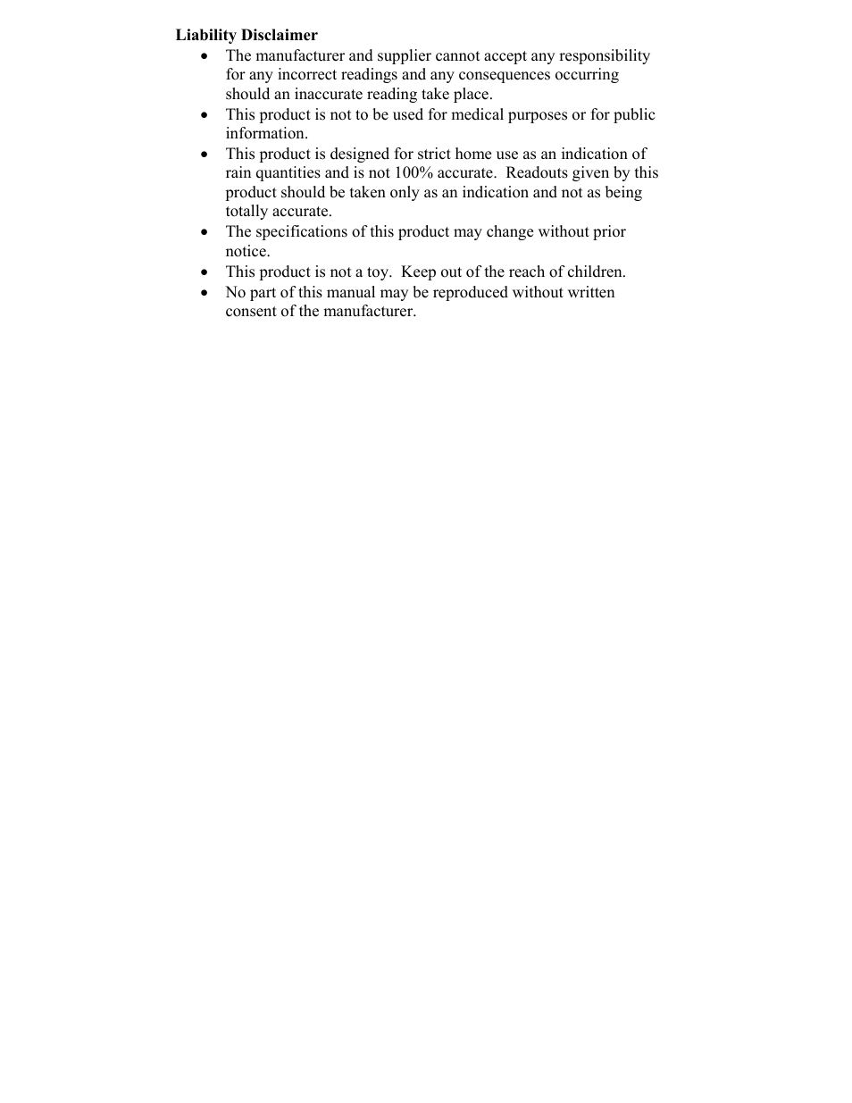 Liability disclaimer | La Crosse Technology WIRED RAIN METER WS-7048U User Manual | Page 7 / 8