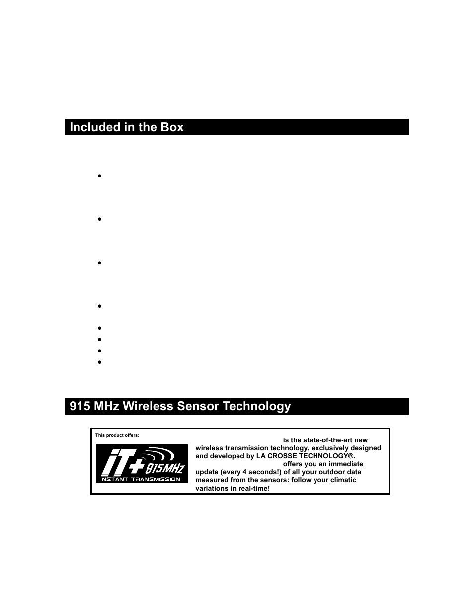 Included in the box, 915 mhz wireless sensor technology | La Crosse Technology Internet-Powered Weather Station WD-2511U User Manual | Page 5 / 25