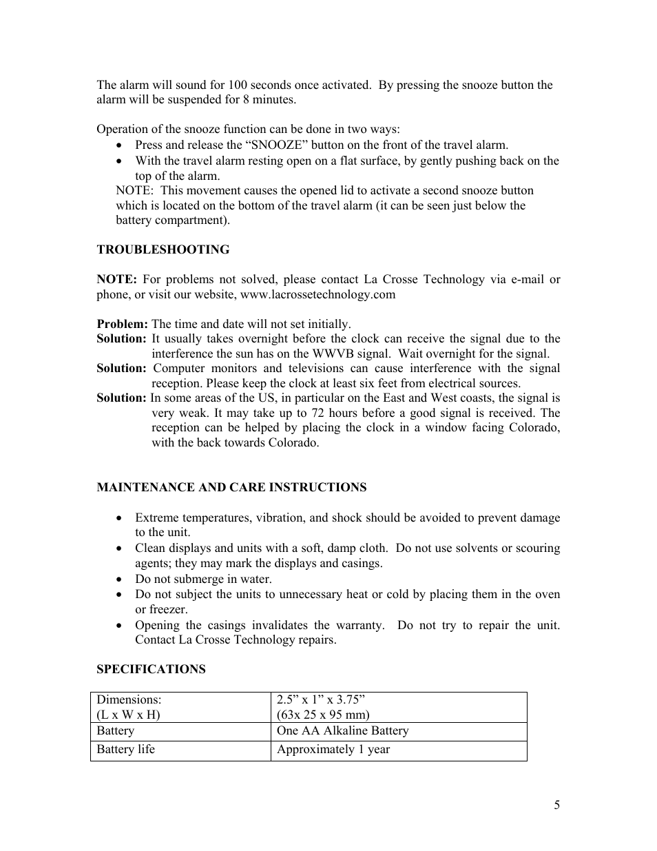 Maintenance and care instructions, Specifications | La Crosse Technology WT-2192 User Manual | Page 5 / 6