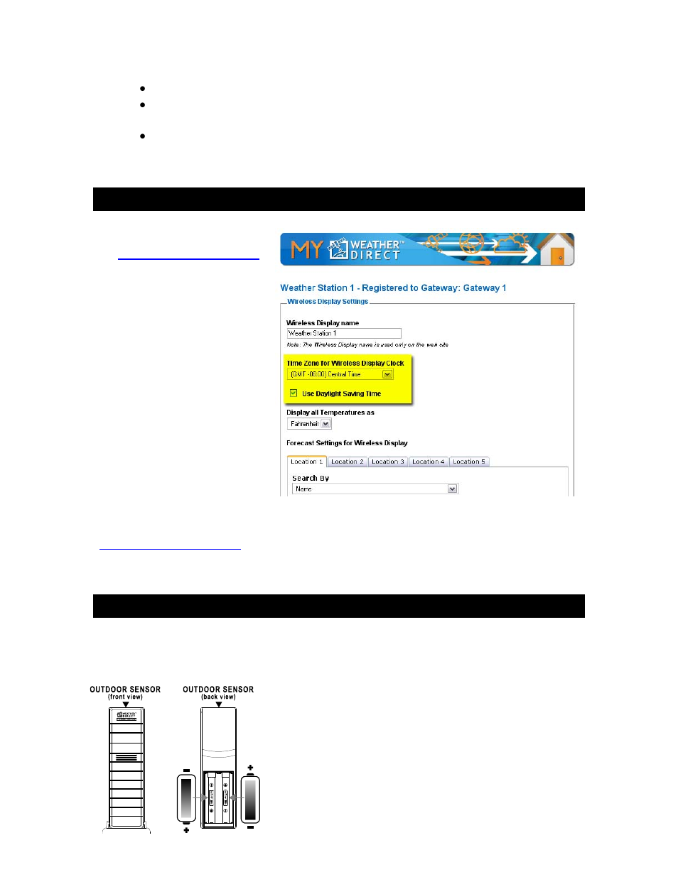 Time setting on wireless display, Wireless outdoor sensor | La Crosse Technology Weather Direct WD-3312 User Manual | Page 10 / 25