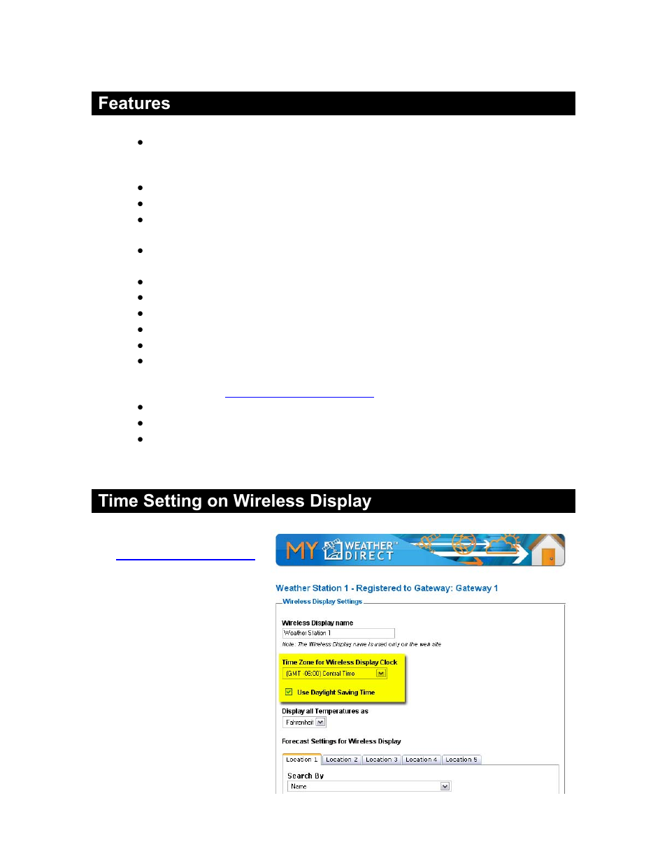 Features, Time setting on wireless display | La Crosse Technology WD-2513U User Manual | Page 10 / 25