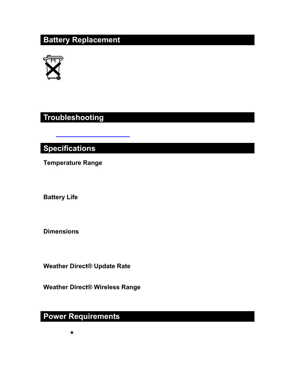 Battery replacement, Troubleshooting, Specifications | Power requirements | La Crosse Technology WD-2513U User Manual | Page 22 / 25