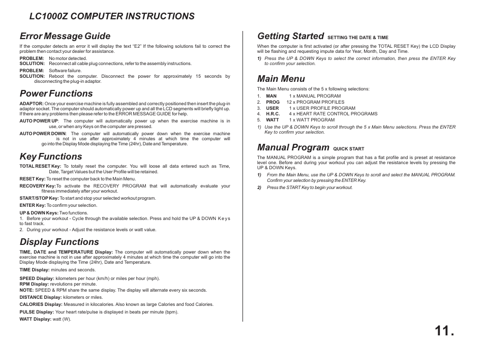 Display functions, Power functions, Getting started | Main menu, Manual program | LifeCore Fitness LC 1000Z User Manual | Page 11 / 13