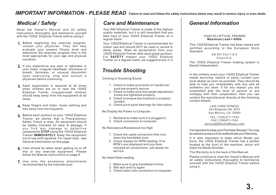 Important information - please read, Medical / safety, Care and maintenance general information | Trouble shooting | LifeCore Fitness LC 1000Z User Manual | Page 3 / 13