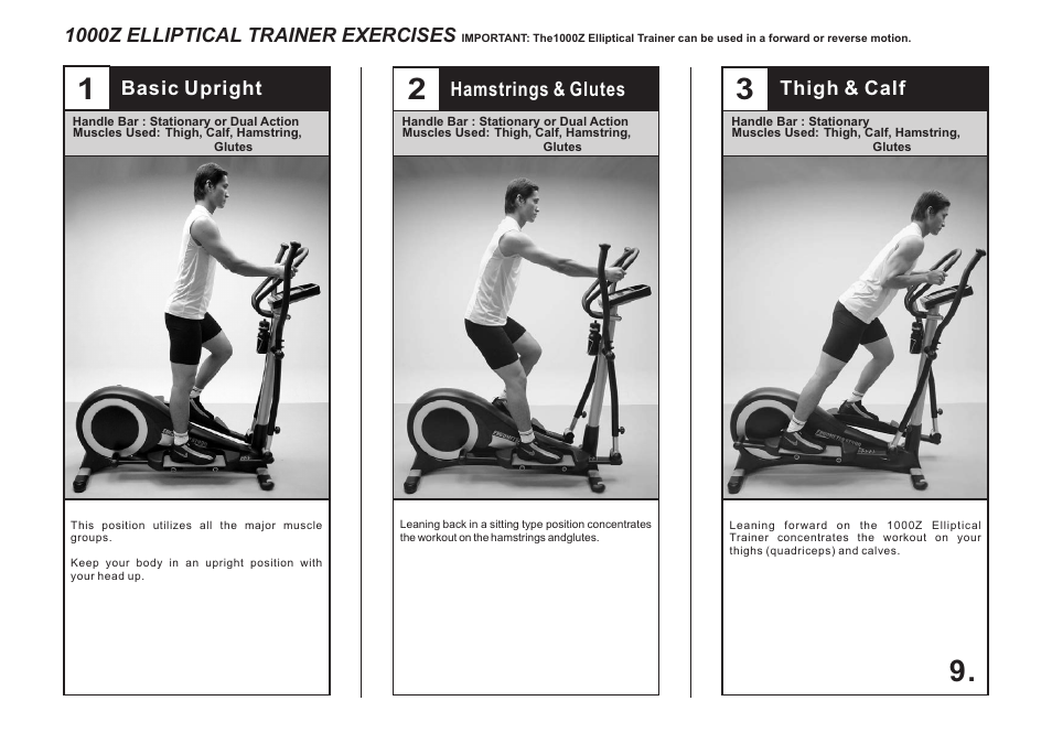 Basic upright 1000z elliptical trainer exercises, Hamstrings & glutes, Thigh & calf | LifeCore Fitness LC 1000Z User Manual | Page 9 / 13