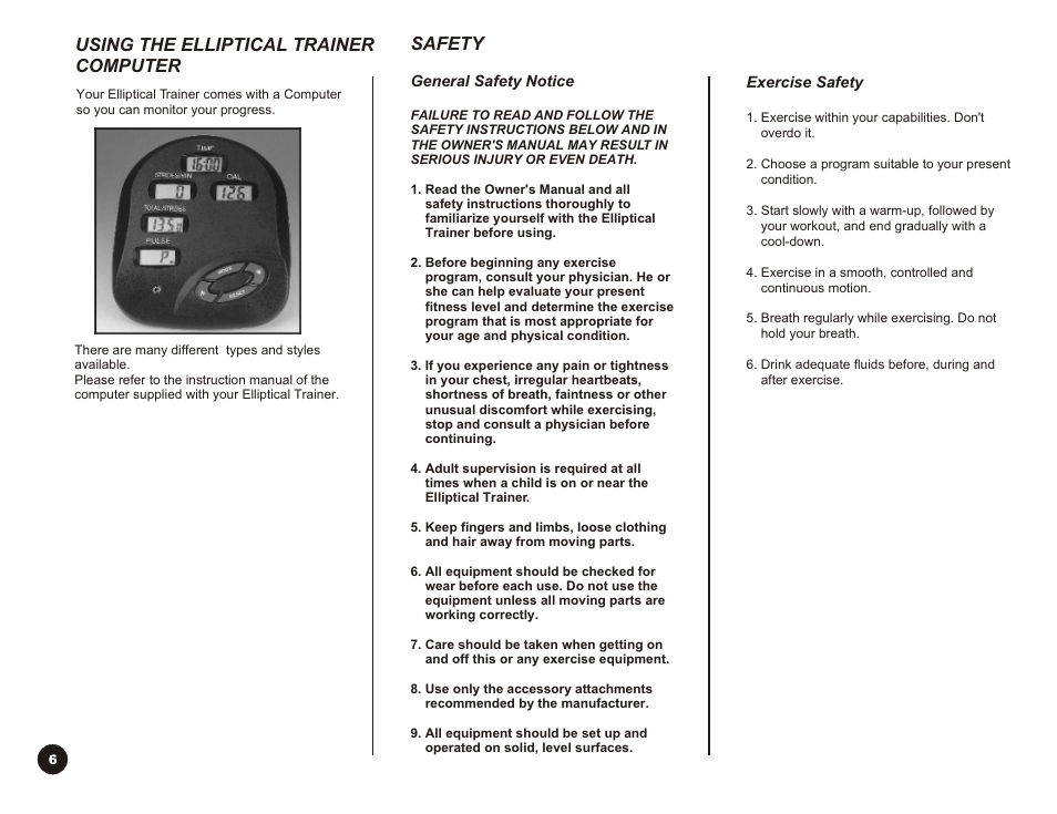 Using the elliptical trainer computer safety | LifeCore Fitness LC-980 User Manual | Page 8 / 14