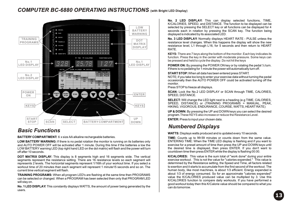 Computer bc-6880 operating instructions, Basic functions numbered displays | LifeCore Fitness LC-990 User Manual | Page 13 / 16