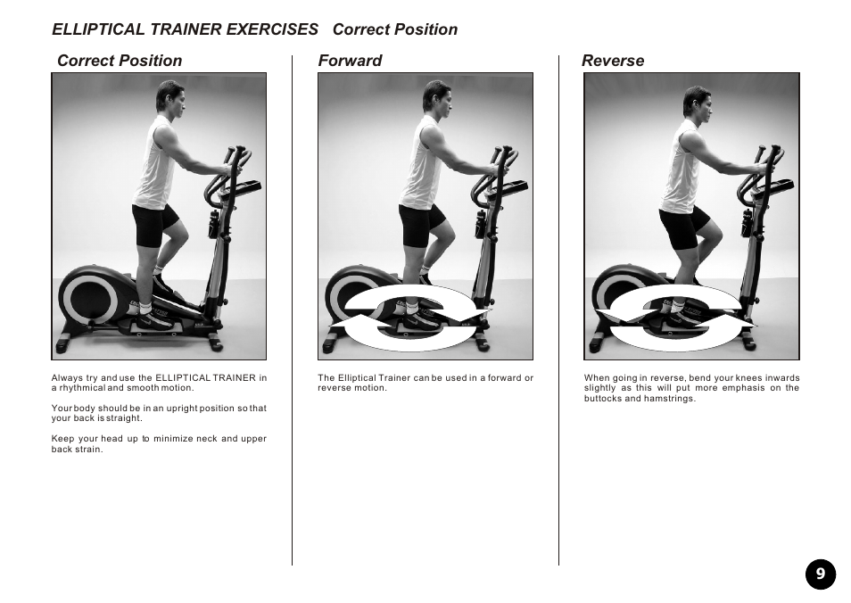 Elliptical trainer exercises correct position, Correct position forward reverse | LifeCore Fitness LC-990 User Manual | Page 9 / 16