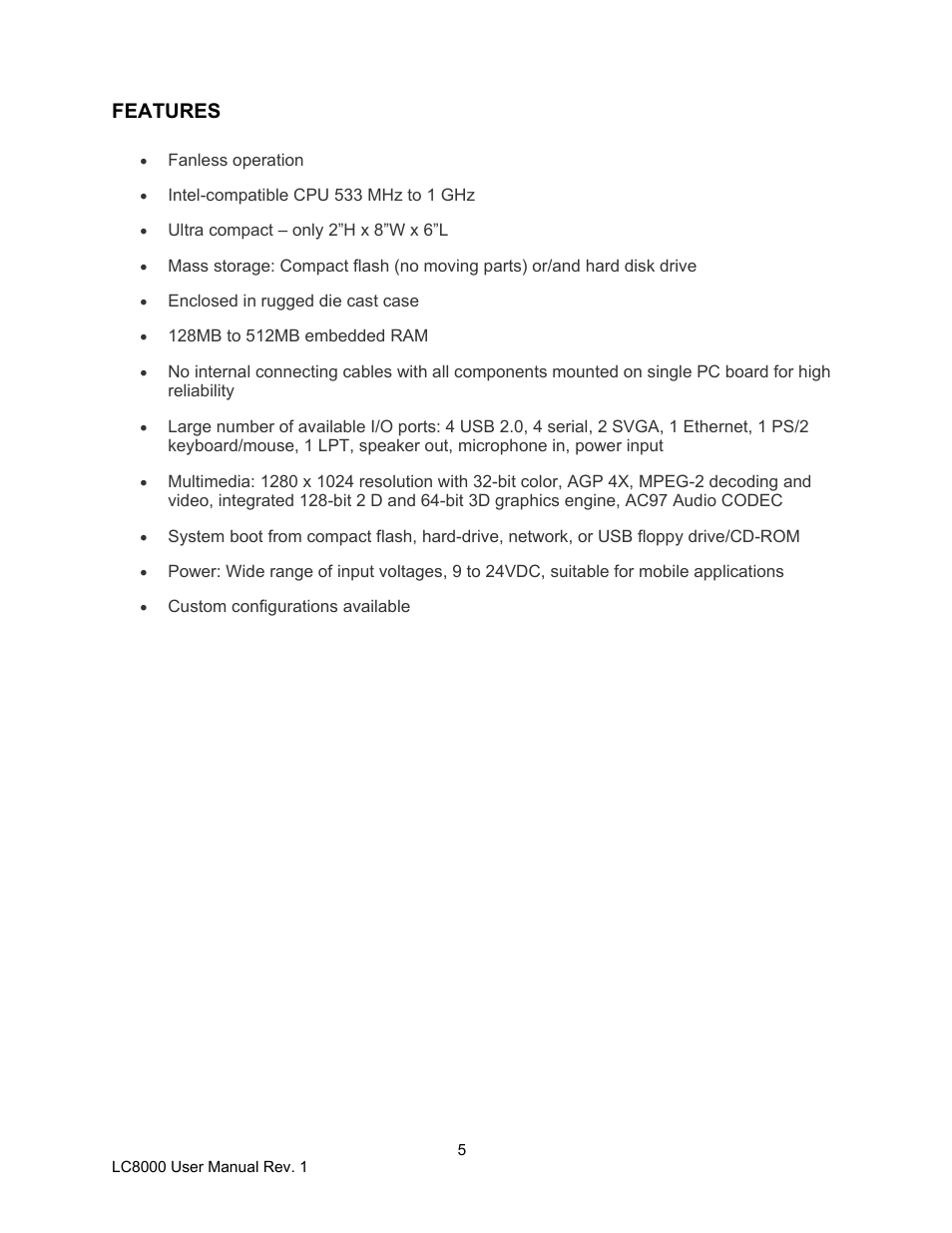 Features | Logic Controls LC8000 User Manual | Page 5 / 11