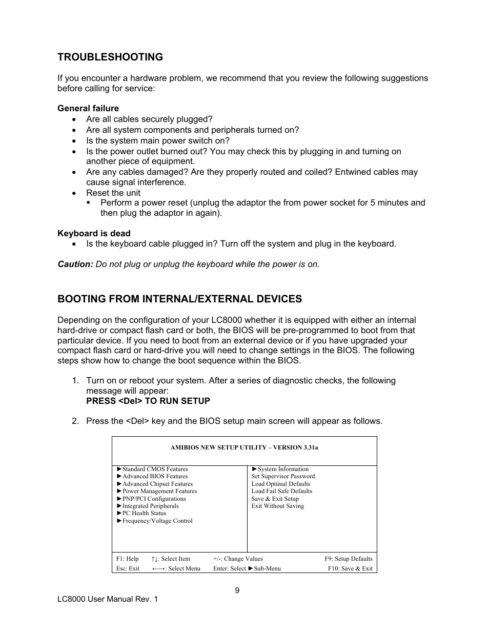 Troubleshooting, Booting from internal/external devices | Logic Controls LC8000 User Manual | Page 9 / 11