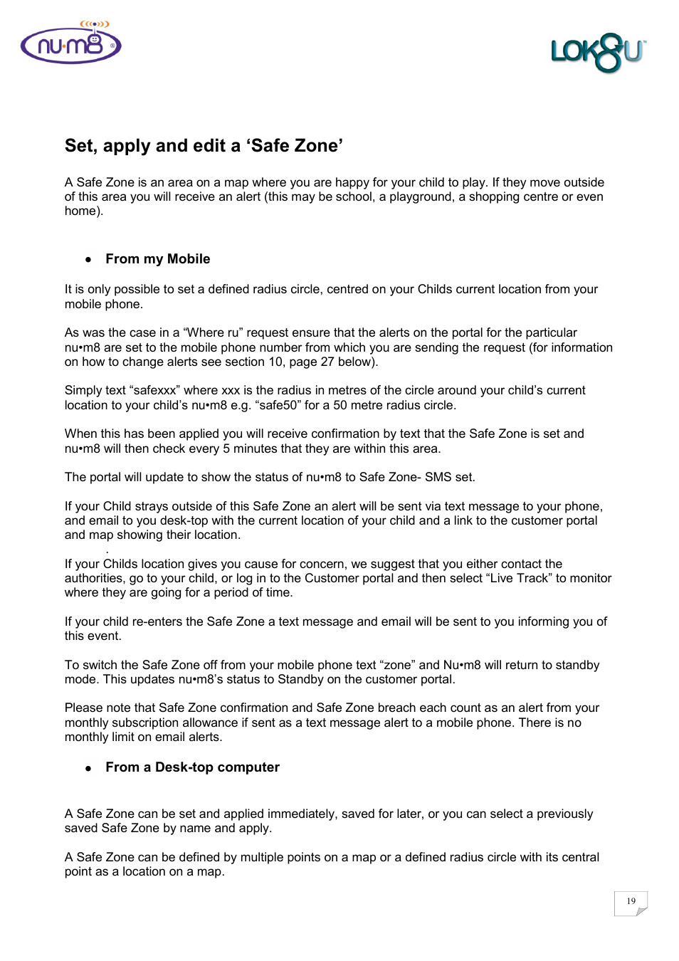 Set, apply and edit a „safe zone, Set, apply and edit a ‘safe zone | Lok8u num8 User Manual | Page 19 / 46