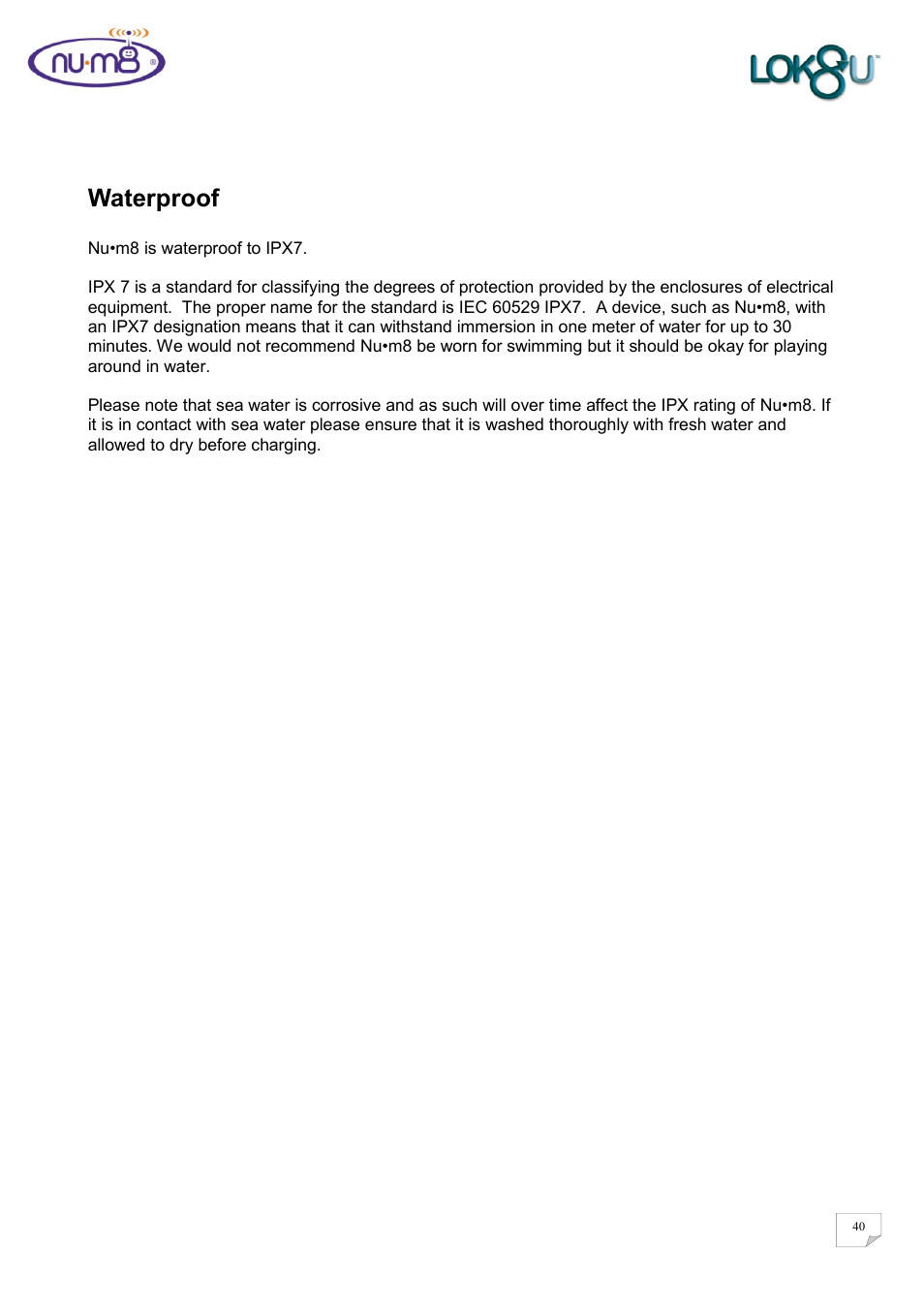 Waterproof | Lok8u num8 User Manual | Page 40 / 46
