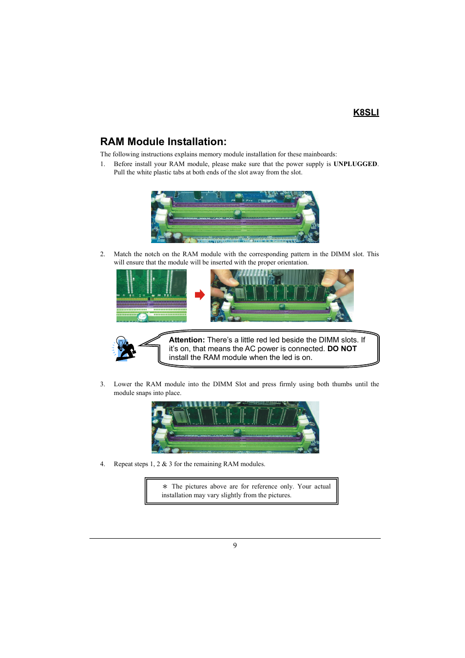 Ram module installation, K8sli | Lok8u K8SLI User Manual | Page 15 / 62