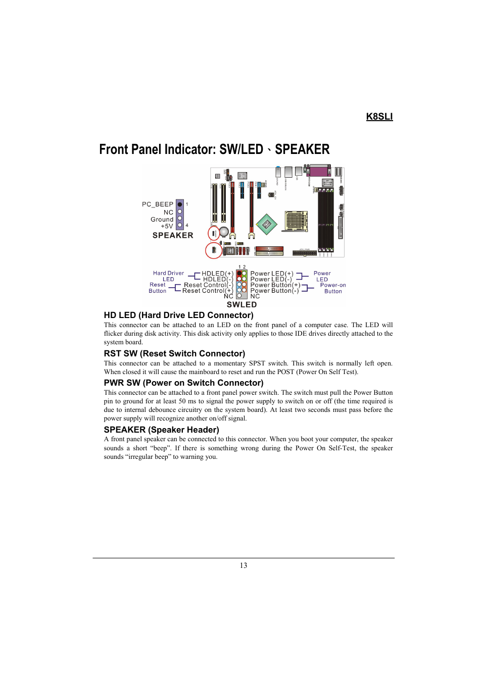 Front panel indicator: sw/led 、 speaker | Lok8u K8SLI User Manual | Page 19 / 62