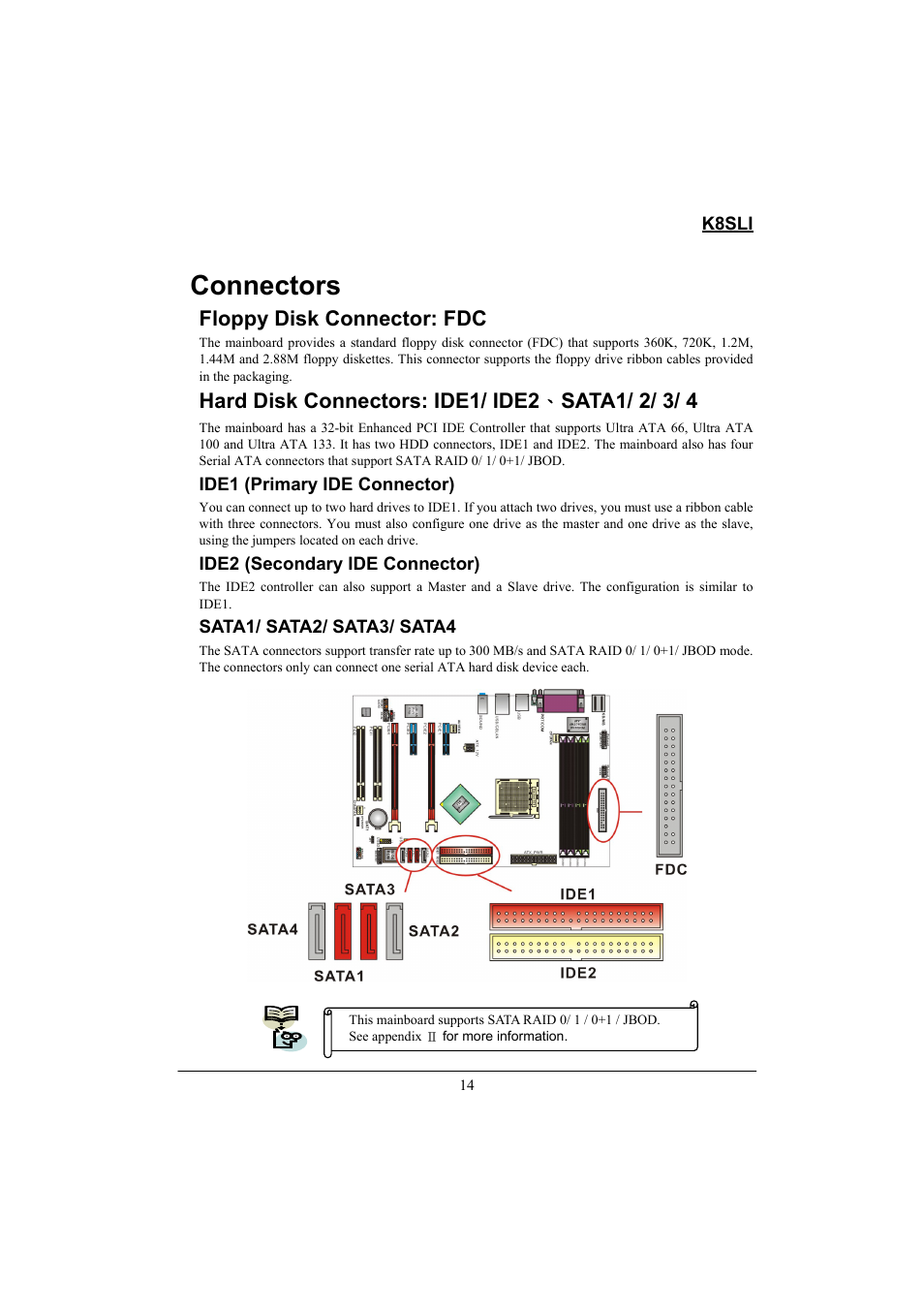 Connectors, Floppy disk connector: fdc | Lok8u K8SLI User Manual | Page 20 / 62