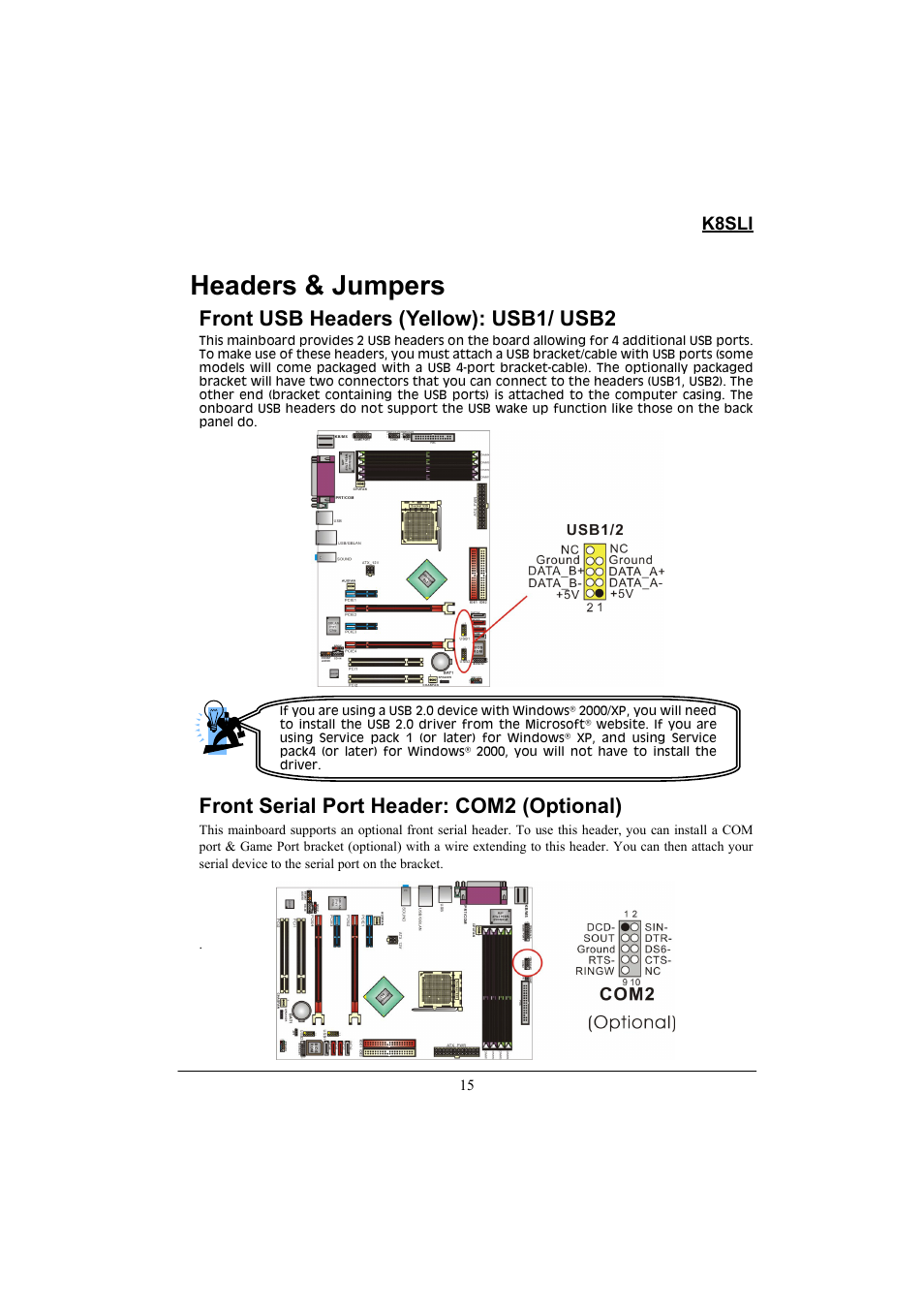 Headers & jumpers, Front usb headers (yellow): usb1/ usb2, Front serial port header: com2 (optional) | K8sli | Lok8u K8SLI User Manual | Page 21 / 62
