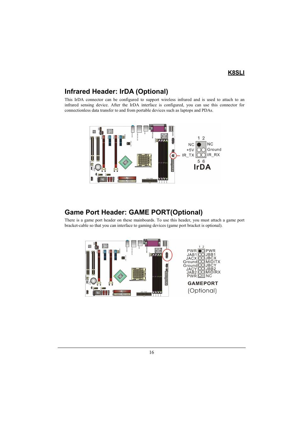 Infrared header: irda (optional), Game port header: game port(optional), K8sli | Lok8u K8SLI User Manual | Page 22 / 62