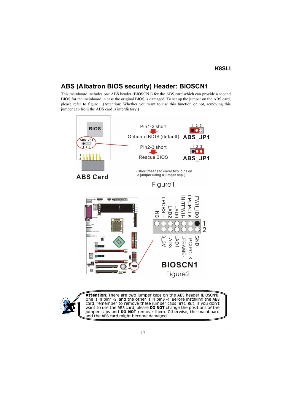 Abs (albatron bios security) header: bioscn1, K8sli | Lok8u K8SLI User Manual | Page 23 / 62
