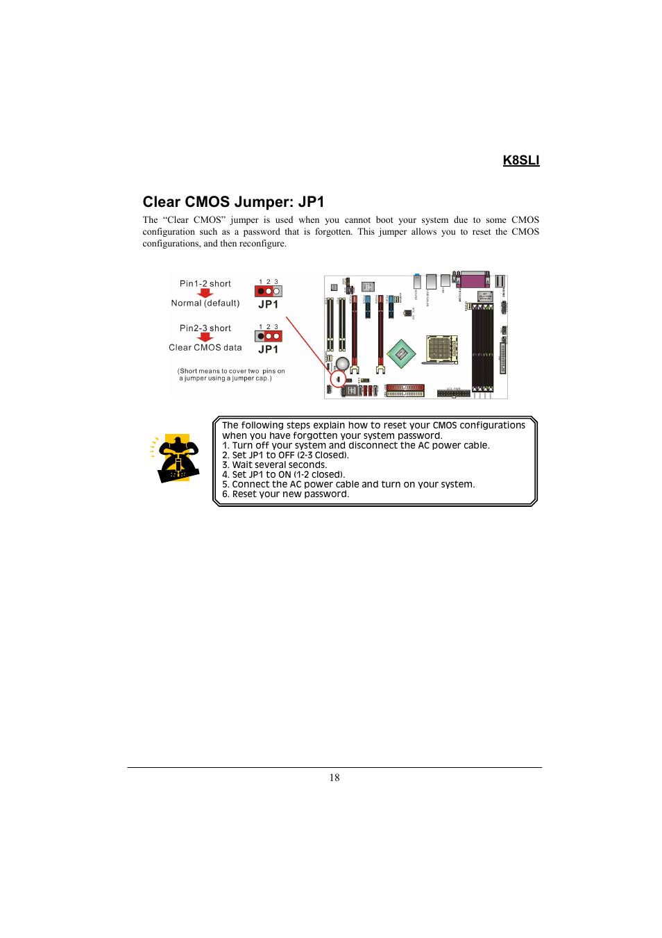 Clear cmos jumper: jp1, K8sli | Lok8u K8SLI User Manual | Page 24 / 62