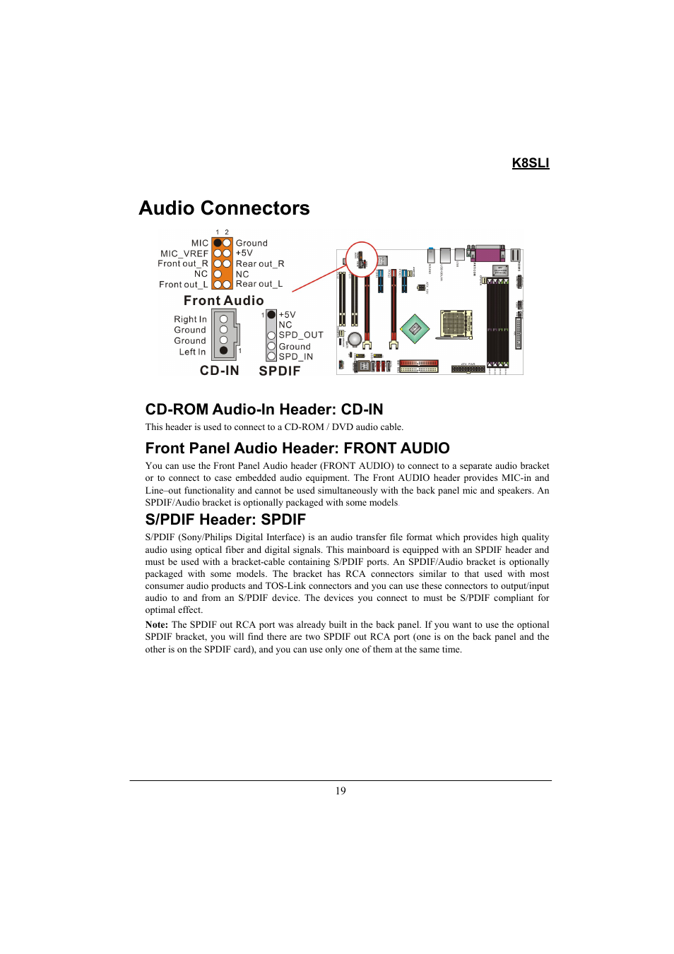 Audio connectors, Cd-rom audio-in header: cd-in, Front panel audio header: front audio | S/pdif header: spdif, K8sli | Lok8u K8SLI User Manual | Page 25 / 62